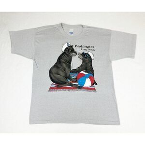 Vintage 1986 Washington Long Beach T-Shirt XL Gray Animals Single Stitch